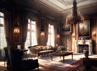 Obraz premium A traditional, modern and luminous living room with high ceilings, a grand fireplace, and rich, dark wooden furniture. Generative AI.