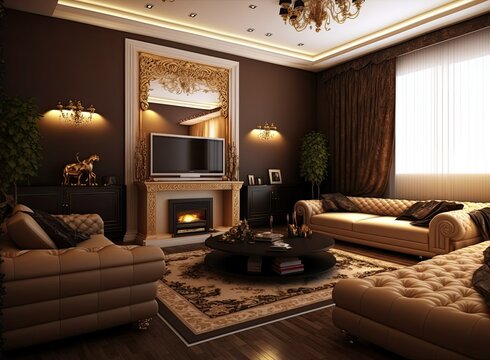 A traditional, modern and luminous living room with high ceilings, a grand fireplace, and rich, dark wooden furniture. Generative AI.