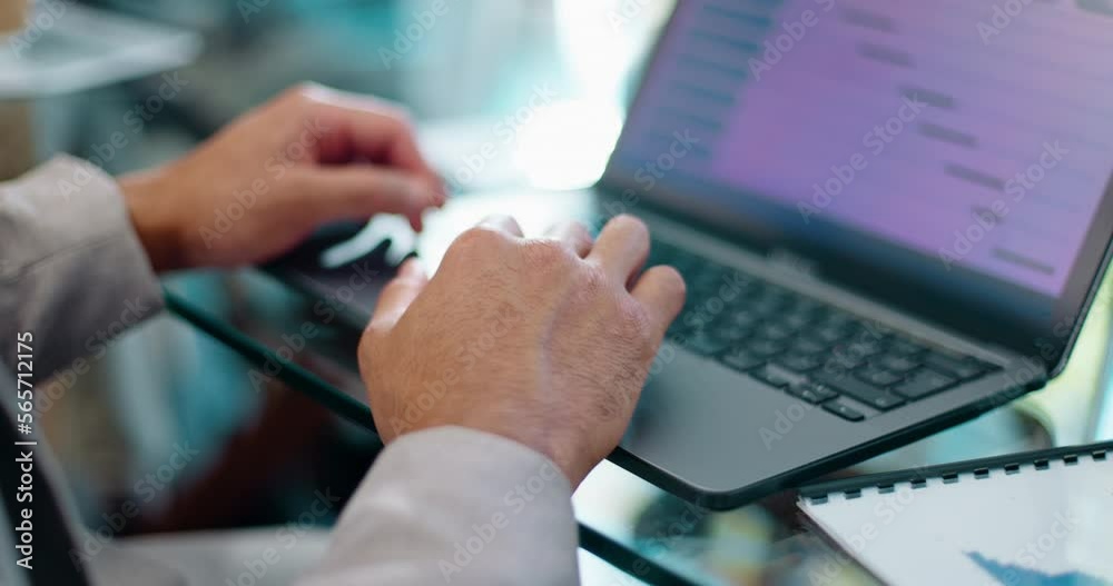 Poster closeup hands typing, laptop and businessman with schedule planning, calendar and goals for company.