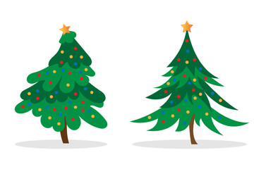 Christmas trees with decorations vector icon. Christmas trees with lights and stars on top. Celebration time. New year holidays. Pine in the forest