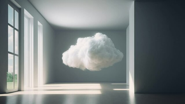 Cinemagraph of fluffy cloud inside an empty white room, ai generated
