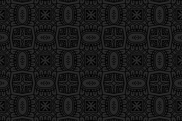 Embossed black background, ethnic cover design. Geometric 3D pattern, press paper, leather. Boho style, art deco. Tribal decorative textures of the peoples of the East, Asia, India, Mexico, Aztecs, Pe