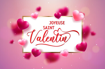 carte ou bandeau pour souhaiter une joyeuse saint Valentin en rouge dans un rectangle blanc à bords or et des coeurs rose clair et foncé en effet bokeh  sur un fond rose foncé en dégradé