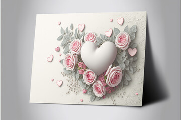 Postkarte in cremeweiß mit plastischem Herz und rosa Rosen - Grußkarte zur Hochzeit oder Valentinstag - 565712549