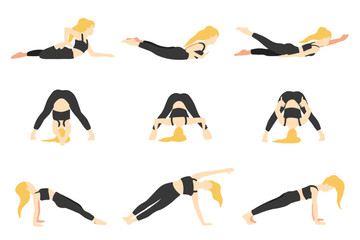 Yoga poses collection. Blonde European female woman girl. Vector illustration in cartoon flat style isolated on white background.