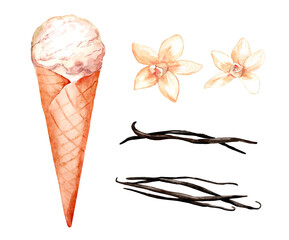 Ice cream in a waffle cone and vanilla pods. Set of watercolor hand drawn illustration of summer dessert
