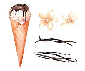Ice cream in a waffle cone and vanilla pods. Set of watercolor hand drawn illustration of summer dessert