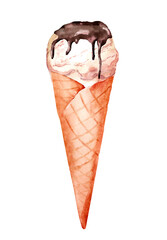 Vanilla ice cream in a waffle cone with chocolate icing. Watercolor hand drawn illustration of summer dessert