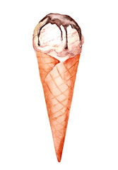 Vanilla ice cream in a waffle cone with chocolate icing. Watercolor hand drawn illustration of summer dessert