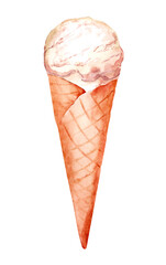 Vanilla ice cream in a waffle cone. Watercolor hand drawn illustration of summer dessert