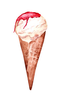 Ice cream in a waffle cone and strawberry topping. Watercolor hand drawn illustration of summer dessert