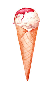 Ice cream in a waffle cone and strawberry topping. Watercolor hand drawn illustration of summer dessert