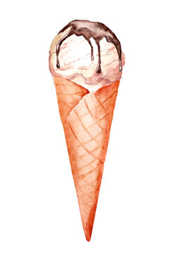Vanilla ice cream in a waffle cone with chocolate icing. Watercolor hand drawn illustration of summer dessert