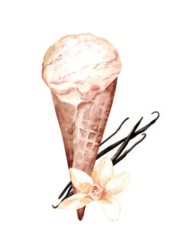 Vanilla ice cream in a waffle cone. Watercolor hand drawn illustration of summer dessert