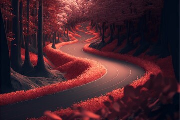  a road winding through a forest with red trees on both sides of it and a red sky above it, with a red light shining on the road.  generative ai