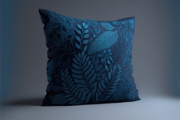  a blue pillow with a leaf design on it's side and a blue background behind it, with a light blue background and a black background.  generative ai