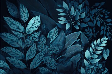 Fototapeta na wymiar a painting of leaves and plants on a black background with blue hues on the edges of the image and the bottom half of the image. generative ai