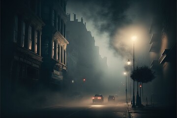 Fototapeta na wymiar a foggy street with cars driving down it at night time with street lights on and a street lamp in the distance with fog in the air. generative ai