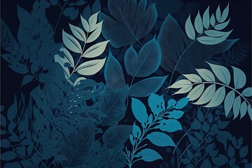  a blue and green wallpaper with leaves and plants on it's side and a blue background with a white border on the bottom.  generative ai