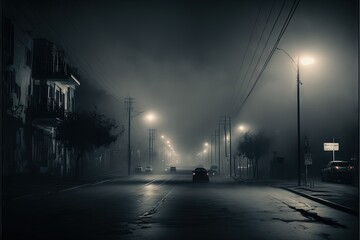  a car driving down a street at night in the foggy city street lights are on and the car is driving down the street at night.  generative ai