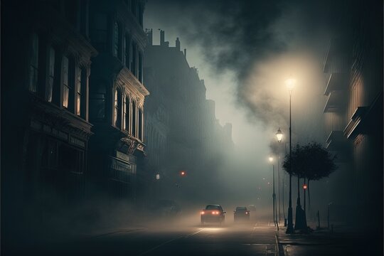  A Foggy Street With Cars Driving Down It At Night Time With Street Lights On And A Street Lamp In The Distance With Fog In The Air.  Generative Ai