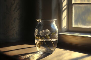  a vase with flowers in it sitting on a table next to a window with sunlight coming through the window panes and a window sill.  generative ai