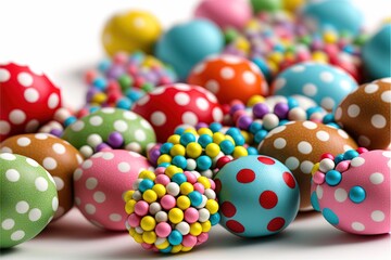 a pile of colorful polka dot covered eggs on a white surface with a white background and a black frame with a white border around the eggs.  generative ai