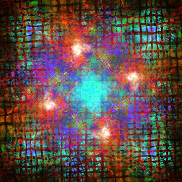 Creaci&oacute;n de arte imaginario digital compuesto de una rejilla oscura sinuosa atravesada por manchas coloridas en un conjunto que muestra algo parecido a una concentraci&oacute;n de energ&iacute;a en un punto de la m