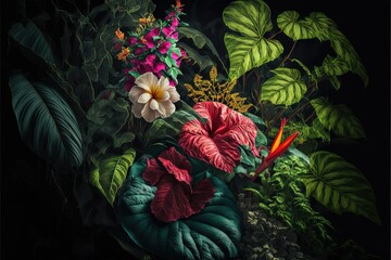  a painting of flowers and plants in a dark room with a black background and a white and red flower in the center of the picture.  generative ai