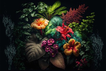  a painting of flowers and leaves on a black background with a black background behind it is a picture of a plant with red, yellow, orange, red, green, and pink flowers.  generative ai