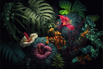 Fototapeta na wymiar a painting of tropical plants and flowers in a dark room with a black background and a green leafy wallpaper with a red and yellow flower. generative ai
