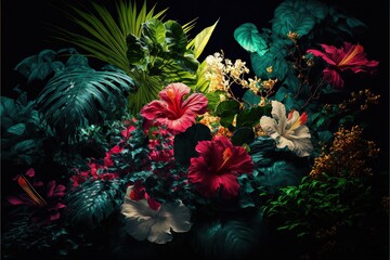  a painting of flowers and plants in a dark room with a black background and a black background with a white border and a red and white flower.  generative ai