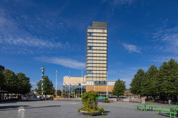 Fototapeta na wymiar Sara Kulturhus Right at the heart of Skellefteå, Sara Cultural centre stands. One of the tallest timber buildings in the world. Sweden,Europe