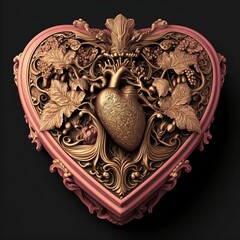 Ornate Heart Shaped Box with Gold Anatomical Heart, Illustration, Candy Box, Valentine's Day
