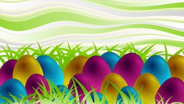 Colorful Easter eggs, green spring grass and curved waves abstract background. Seamless looping motion design. Video animation Ultra HD 4K 3840x2160
