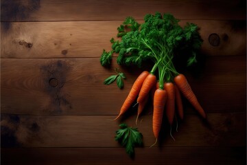  a bunch of carrots laying on a wooden surface with leaves on top of them and a few of them still attached to the stems.  generative ai