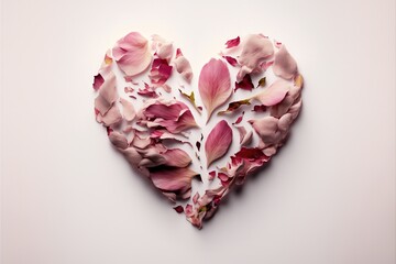  a heart shaped piece of cake with pink flowers on it's side and petals on the inside of the heart, on a white background.  generative ai