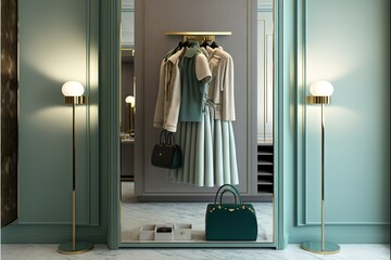  a closet with a green purse and a coat rack with a purse and a purse on it and a green purse on a stand in front of the closet.  generative ai