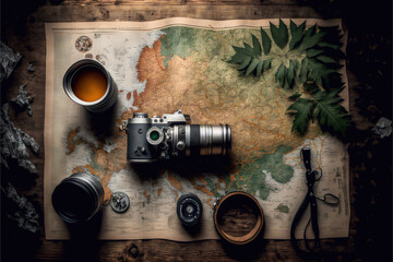 Fototapeta na wymiar a camera and a cup of tea on a map with a leaf and a plant on it, with a camera and a cup of tea. generative ai