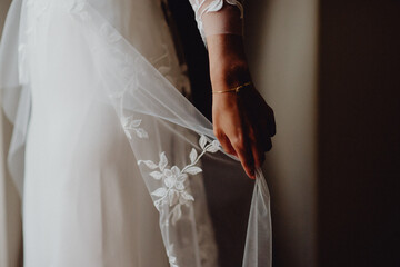 La mariée jouant avec le voile de sa robe - obrazy, fototapety, plakaty