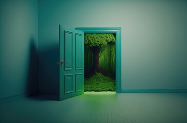Illustration, Blaugrünes Zimmer in einem verlassenen Haus mit offener Tür und einem wuchernden Baum, Generative AI 