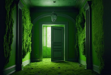 Fototapeta premium llustration, Grünes, mit Moss überwuchertes Zimmer in einem verlassenen Haus mit offener Tür, Generative AI