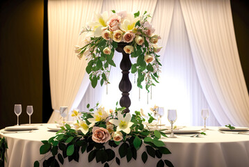 Classy Elegant Beautifully Decorated Wedding Centerpiece with colorful flowers vase atop a reception table. Generative AI. 