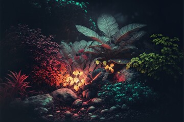  a painting of a garden with rocks and plants in it, with a dark background, with a red light coming from the center of the plant.  generative ai