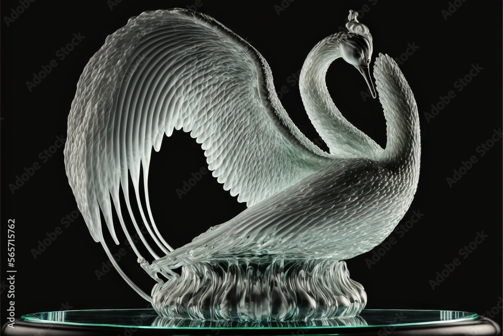 Wall mural a glass sculpture of a swan on a glass plate with a black background and a black background behind i