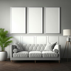 Blank picture frame mockup on grey wall. White living room design. View of modern Boho style interior with chair. Home staging and minimalism concept - generated with AI
