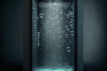  a shower with bubbles of water on the glass door and a light shining on the floor in the shower stall area of a dark room.  generative ai