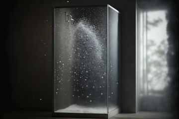  a shower with water coming out of it and a window in the background with a light coming through it and a window with a light shining on it.  generative ai