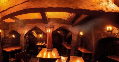 empty candle lit medieval hobbit inn interior of tavern ornate beautiful atmosphere with beer, fruit, and meat on wooden tables dark and warm color