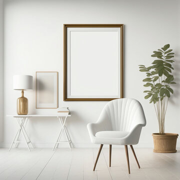 Blank picture frame mockup on white wall. White living room design. View of modern Boho style interior with chair. Home staging and minimalism concept - generated with AI